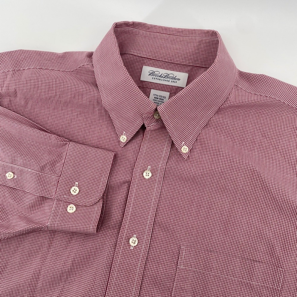 Brooks Brothers Dress Shirt Mens 17.5 32/33 Red Gingham Cotton Button Down